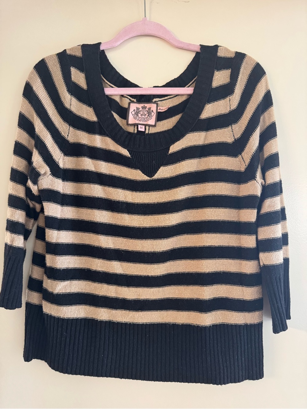 Juicy Couture Black and Tan Striped Crew Neck Sweater